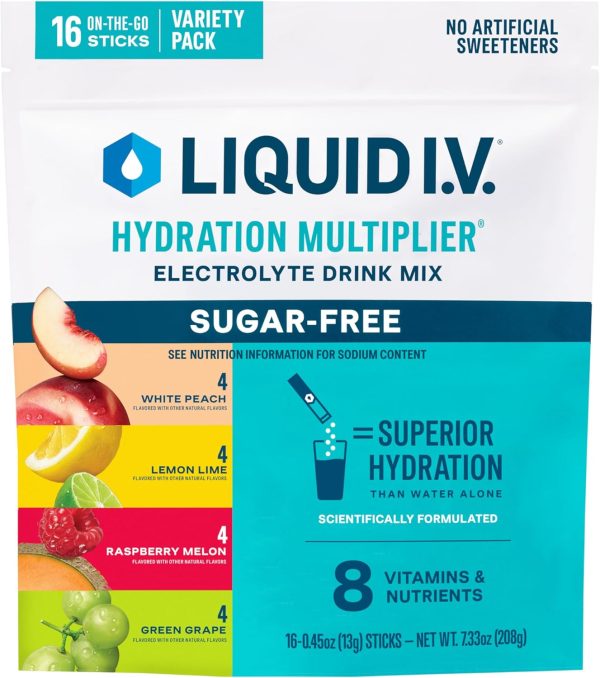 Liquid I.V.® Hydration Multiplier Sugar-Free - Raspberry Melon, Lemon Lime, White Peach, Green Grape | Electrolyte Powder Drink Mix |1 Pack (16 Servings)