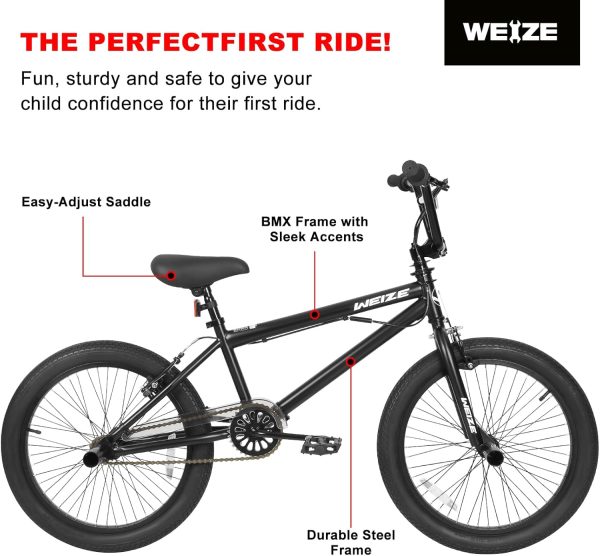 WEIZE Freestyle BMX Bike, 20 inch Trick Bicycle for Kids and Adults Men Women, Hi-Ten Steel Frame, 360 Degree Rotor Freestyle, 4 Pegs Single Speed Teen Bike, Beginner-Level to Advanced Riders - Image 3