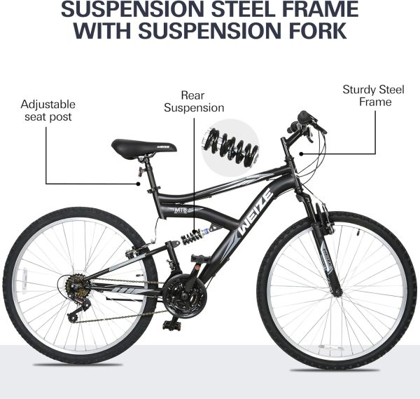 WEIZE Mountain Bike, 24/26/27.5 inch Outdoor Cycling Bike,18-Speed/High-Carbon Steel/Dual Full Suspension, Adjustable Ergonomic Seat for Men Women Adult, MTB Bicycle with Suspension Fork,Sleek Colors - Image 4